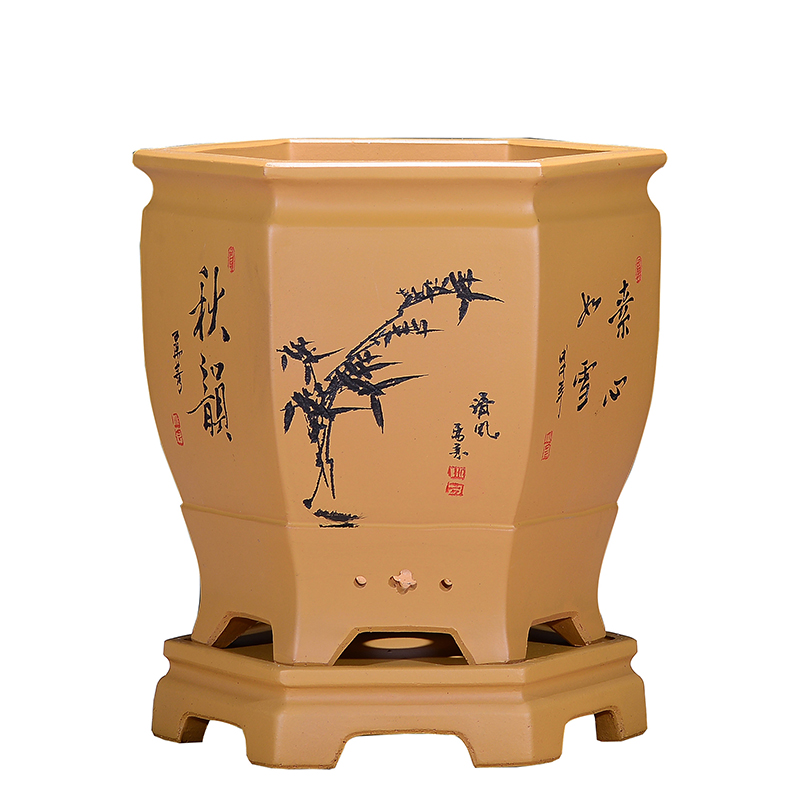 Yixing purple sand flowerpot hexagon clivia flower POTS for indoor household basin orchid ceramics with tray