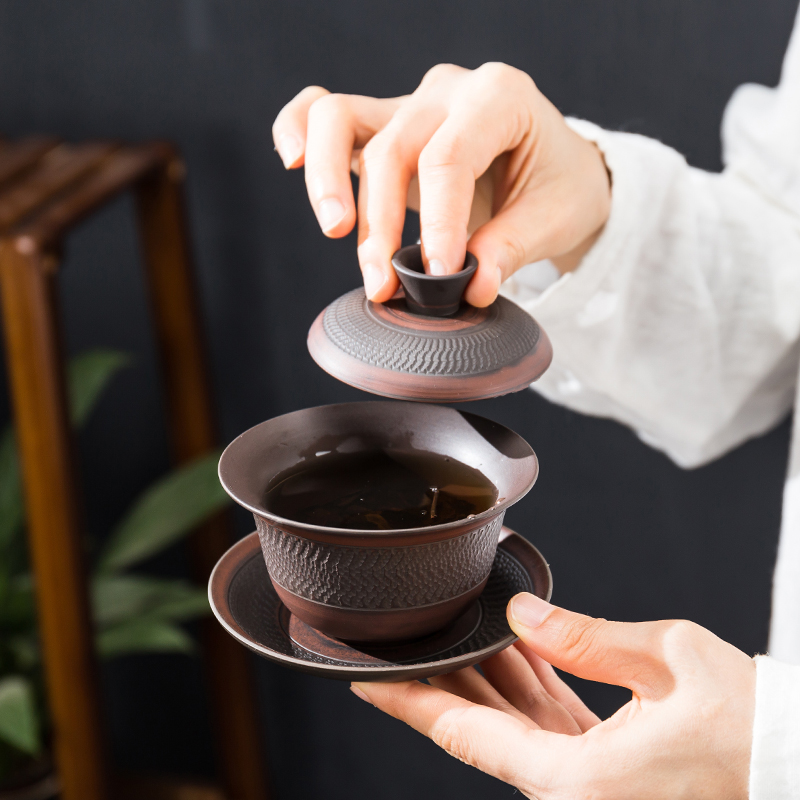 Sancai cover bowl tea cup purple pottery tea set hand grasp tea maker large tea bowl household ceramic hand jump knife