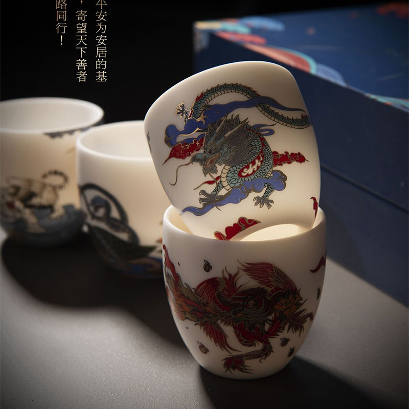 Defied goat fat jade Big Four Beast Four Elephant Cups Town Residence Personal Cup Wine Tasting Cup of Tea Tea Tea Cup Cup Gift Box Packaging