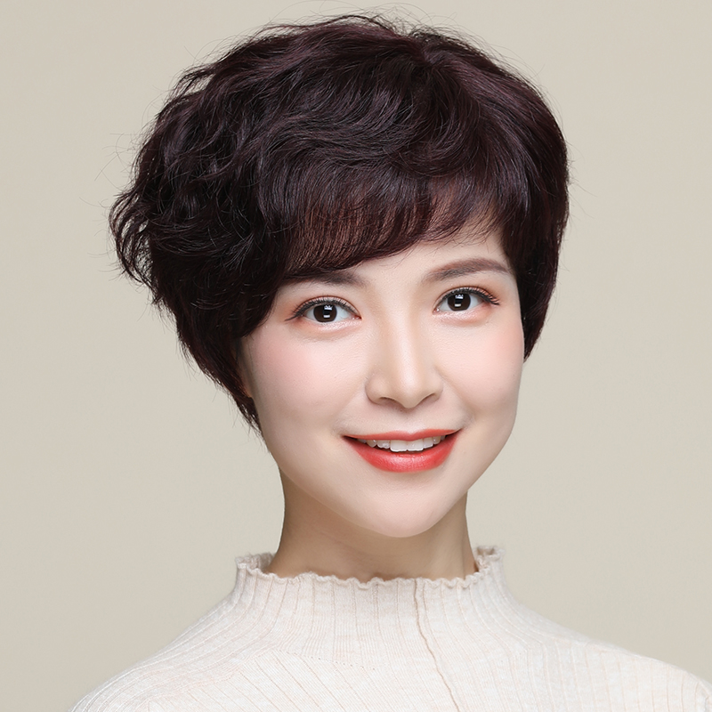 Wig Lady Short Hair Short Roll Send Mom Real Hair Full Headgear Old Live-action Hair Full Real Wig Woman Nature