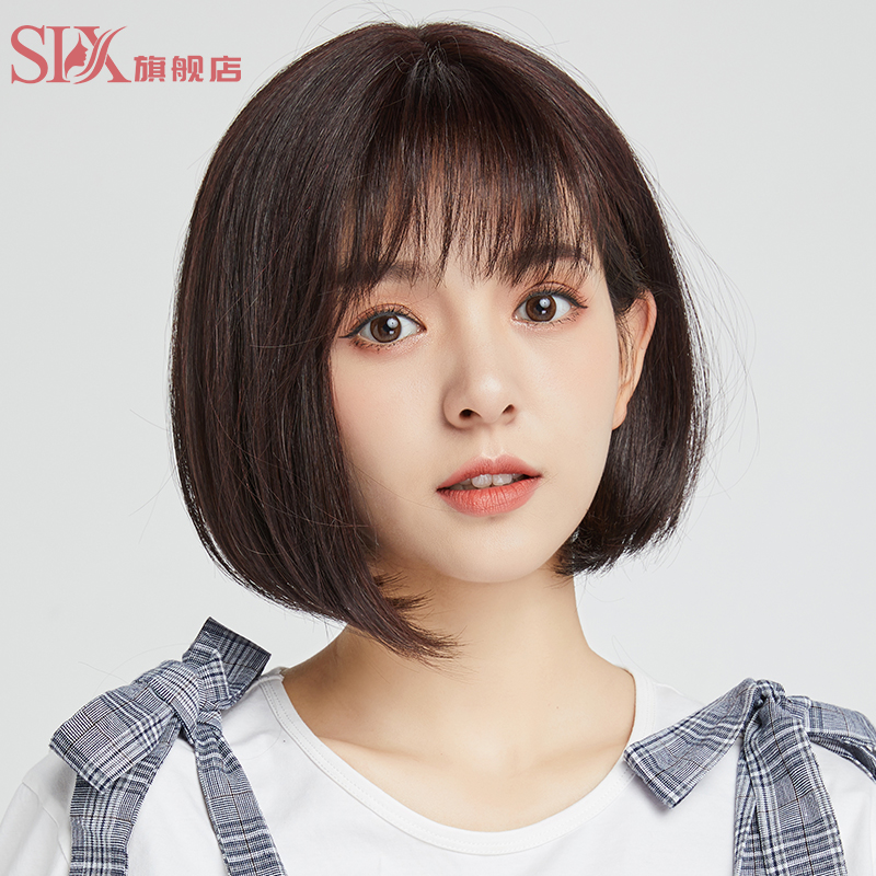 Wig woman short hair Popo hair cover mesh red temperamental live-action hair natural round face to real hair headgear style
