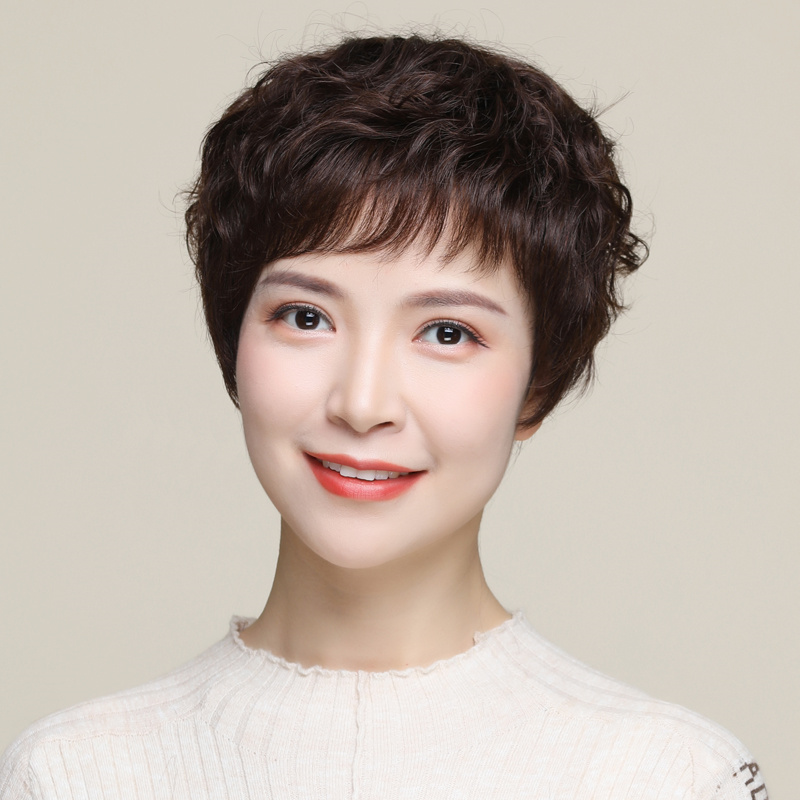 Wig Short Hair Woman Summer Middle Aged Mother Full True Wig Hair Short Curly Hair Full-hood Live-action Hair Nature