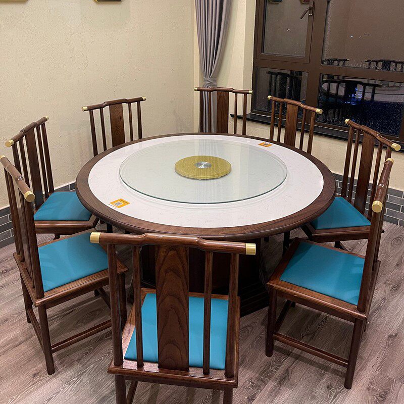 Set to be New Chinese Dining Hall Solid Wood Table And Chairs Base Composition Bright Gear Hotel Rock Board ten People Round Table Hotpot 1216d