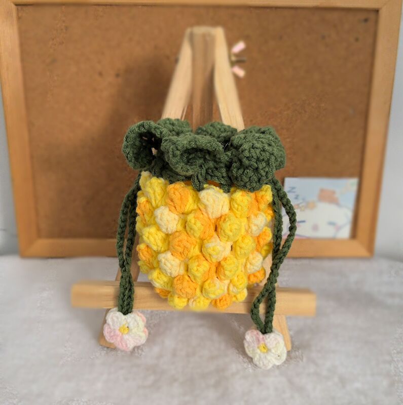 Handmade Yarn Crochet Mini Gradient Pineapple Coin Purse Pineapple Earphone Bag Fruit Drawstring Bag Finished Small Gift