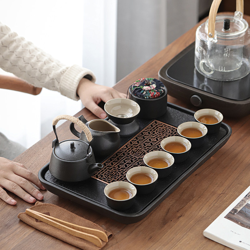 Chiyu Black Ceramic Kung Fu Tea Set Group Home Brief Oguin Stone Dry Bubble Small Tea Tray Day Style Teapot Tea Cup
