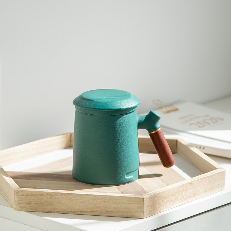 Custom Logo Tea Tea Cup Ceramic Tea Water Separation Cups Office Home With Lid Filter Wood Handle Mark Cup