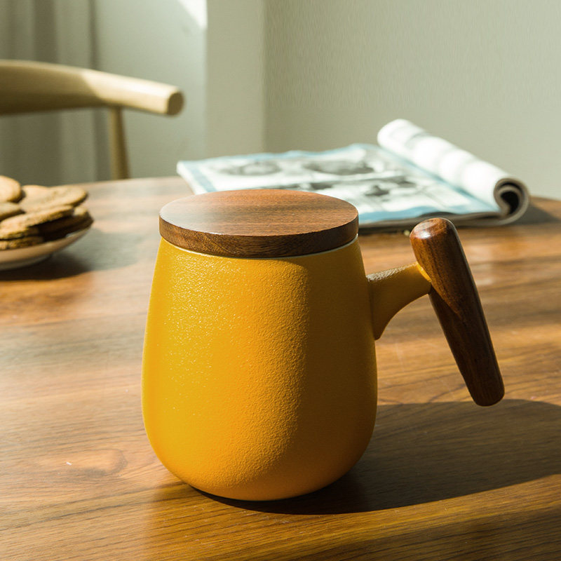 Filter Day Style Wood Handle Mark Cup Frosted Personality Ceramic Water Cup High Face Value Tea Water Separation Mug Customized Lettering