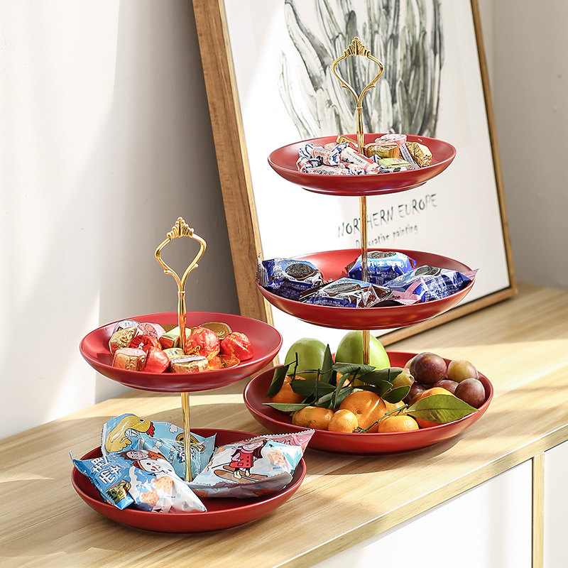 Wedding fruit plate red ceramic dried fruit plate living room home wedding wedding candy plate wedding coffee table three-layer happy fruit plate
