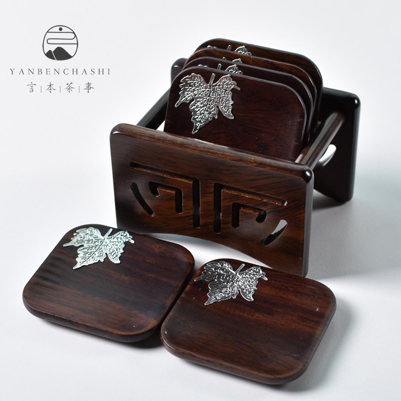 Talk Ben Black Sandalwood Tea Cup Mat Solid Wood Cuteo Tea Accessories Non-slip Heat Insulation Mat Silver Tin Maple Leaf Tea