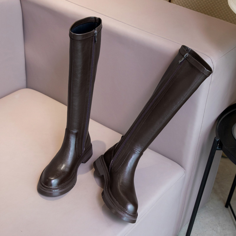 2021 autumn new Knight boots women's high Boots Boots No knee straight long tube boots leather Martin boots