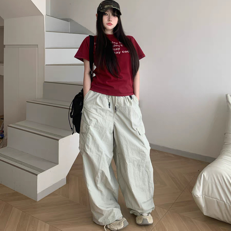 American Retro Gray Cargo Pants for Women, Summer, Small Size, Multiple Pockets, High-Waisted, Quick-Drying, Loose, Casual, Wide-Leg, Floor-Length Pants
