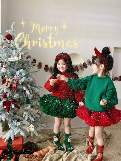 Girls tutu skirt suit burgundy star bunny skirt knitted sweater red Christmas and New Year clothes puffy princess skirt