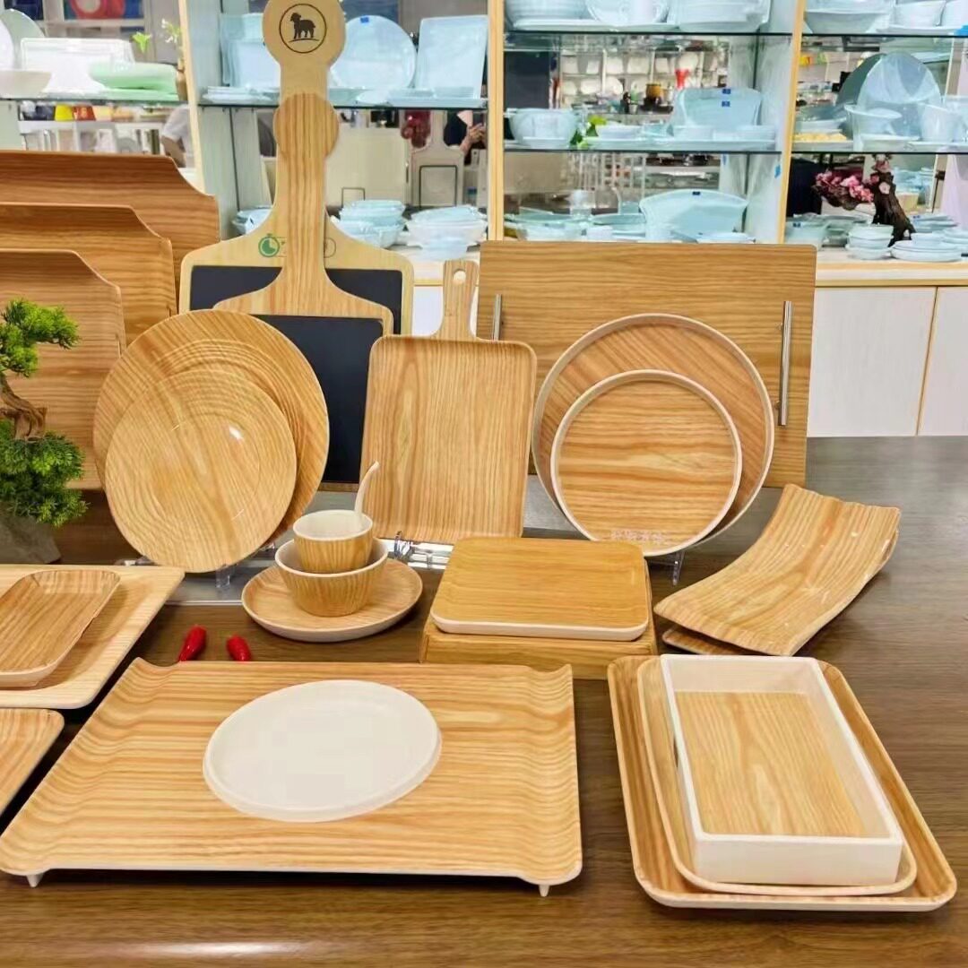 快餐店木纹自助选餐盘餐厅食堂仿木质上菜托盘长方形火锅牛肉盘子详情4