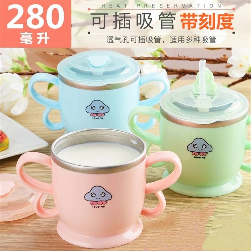 Children drinking soup bowls straw children stainless steel leakproof seal drinking dual-use kindergarten baby milk cup scale cup