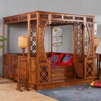 Solid wood step frame bed elm carving Chinese style flower moon new Qianba mahogany bed double south cave step antique complete
