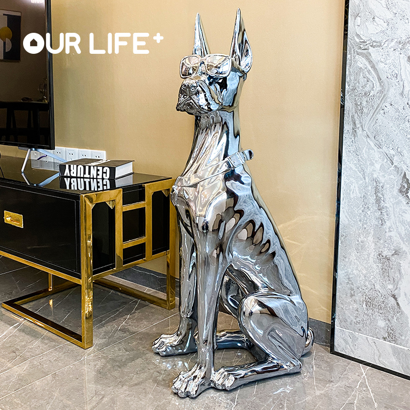 Light luxury high-end floor-to-ceiling dog decoration living room TV cabinet home decoration large electroplating craft gift decoration opening gift