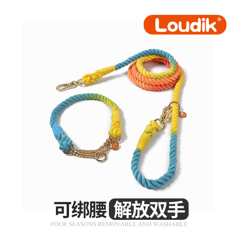 Dog traction rope collar half p chain medium and large dog teddy net red summer waist rainbow braided dog walking rope