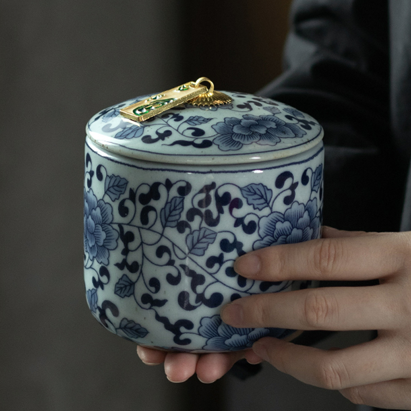 Green flower porcelain middle number tea leaf jar Chinese style retro antique antique storage tea jar Tieguanyin white tea sealed ceramic jar empty jar