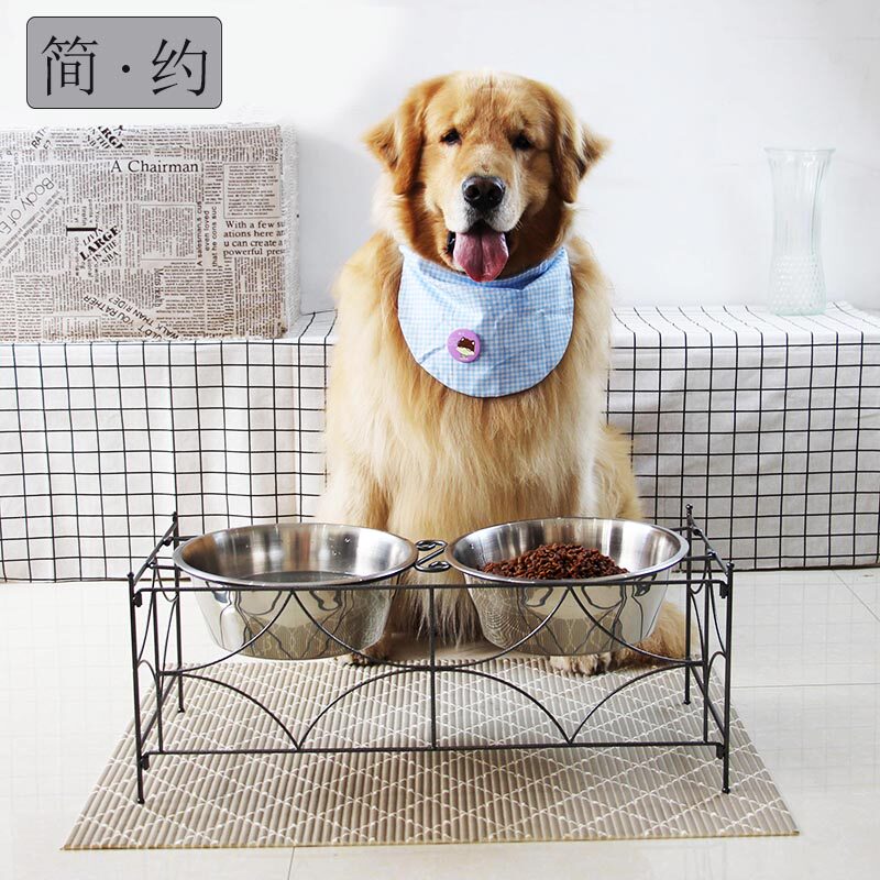 Dog bowl iron pet double bowl drinking dog grain bracket stainless steel basin Teddy gold hair general protection cervical vertebrae