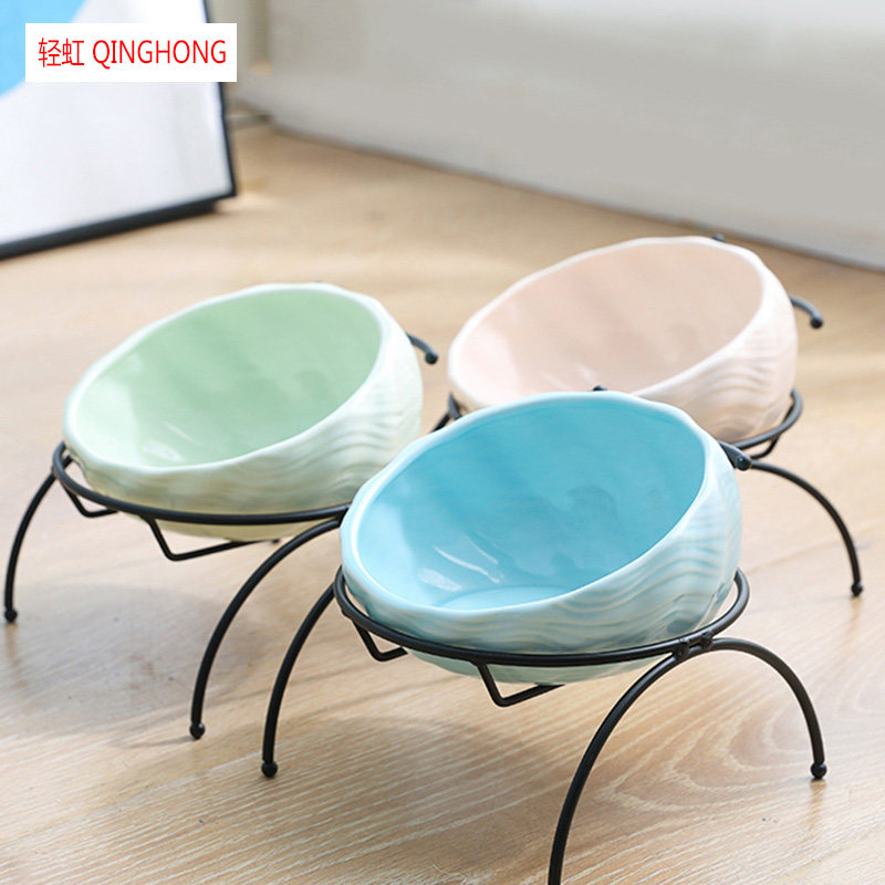 Cat Bowl Ceramic Dog Bowl Iron Frame Single Bowl Beautiful Easy Cleaning Pet Bowl Food Basin Neck Protection Slip Cream