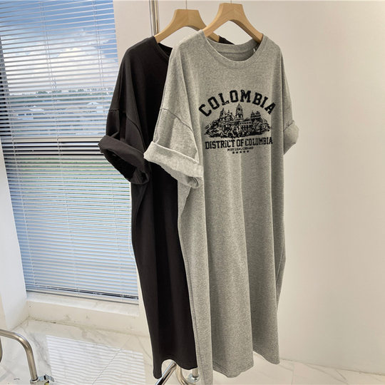 Maternity Spring and Autumn Pure Cotton Short-Sleeved T-Shirt Dress, Mid-Length Korean Style Loose Casual Plus Size Fashionable Versatile Dress