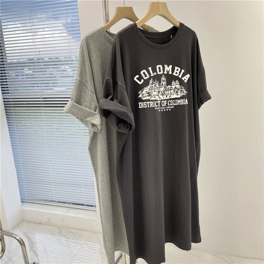 Maternity Spring and Autumn Pure Cotton Short-Sleeved T-Shirt Dress, Mid-Length Korean Style Loose Casual Plus Size Fashionable Versatile Dress