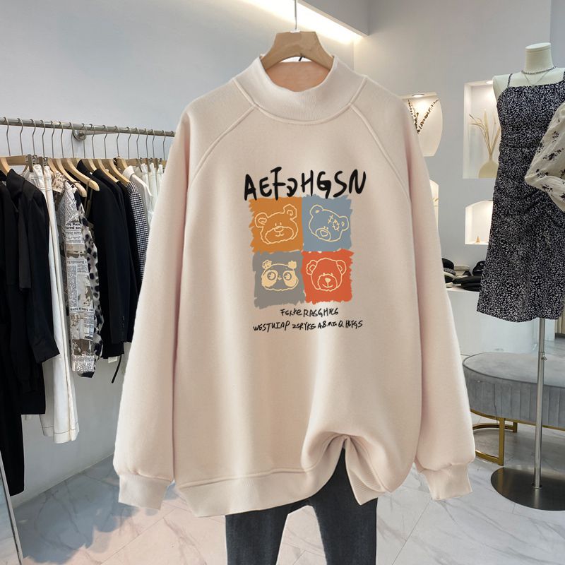 Pregnant woman plus velvet half-high neckline woman mid-length Korean version loose casual big code blouse fashion 100 hitch winter-Taobao