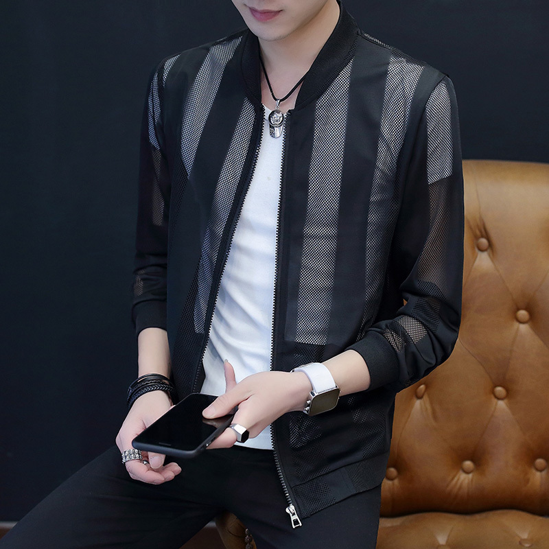 Summer Sun Protection Clothing for Men, Korean Style Handsome Baseball Jacket, Mesh Hollow Breathable Top, Trendy Thin Coat