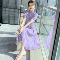  Summer purple polka dot chiffon dress female summer 2021 new chiffon waist thin French temperament skirt year