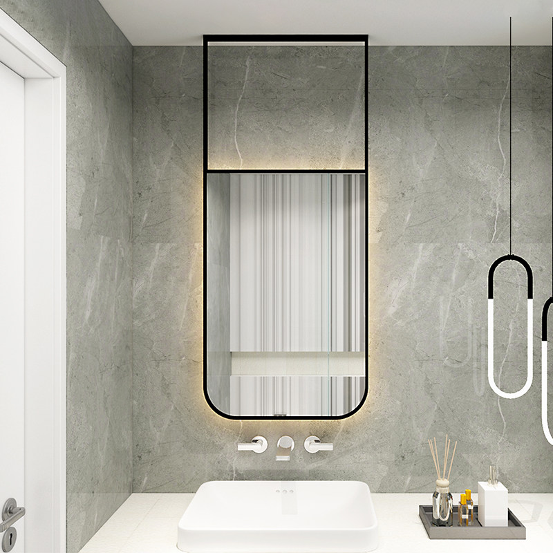 Powder room luminous hanging mirror suspended metal frame ceiling rectangular hollow with light hotel homestay bathroom mirror