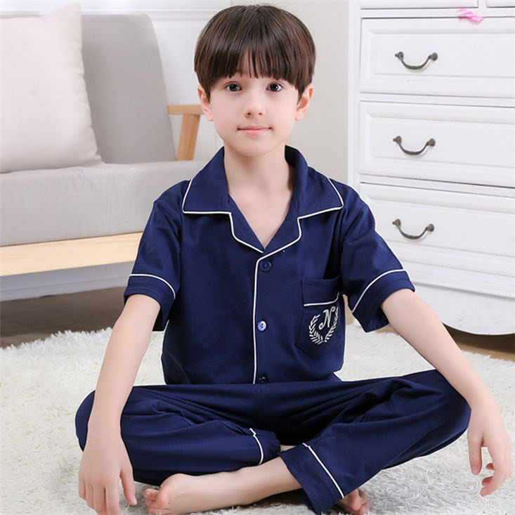 Boy Children cardigan pajamas Summer short-sleeved trousers Pure cotton Boys cotton home clothes Cartoon large and medium children's suit