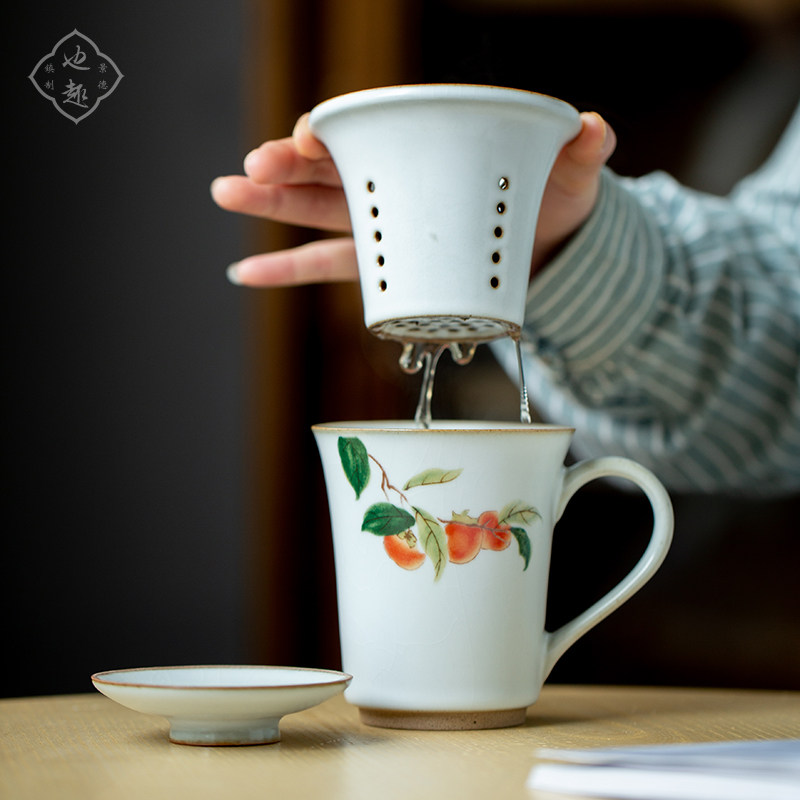 Also fun large capacity ceramic teacup with lid with filtered tea separated household Ru kiln water cup persimmon mug