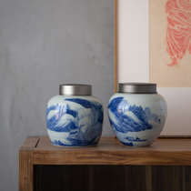 Also fun double-layer alloy lid sealed tea cans hand-painted blue and white retro tea warehouse 2 two tea cans household storage cans