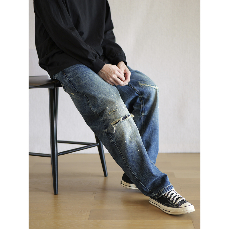 Ctc Boat-Front Hem Japanese-Style Knife-Cut Water-Washed Patchwork Splash-Ink Vintage Distressed Curved Knife Workwear Micro-Tapered Jeans