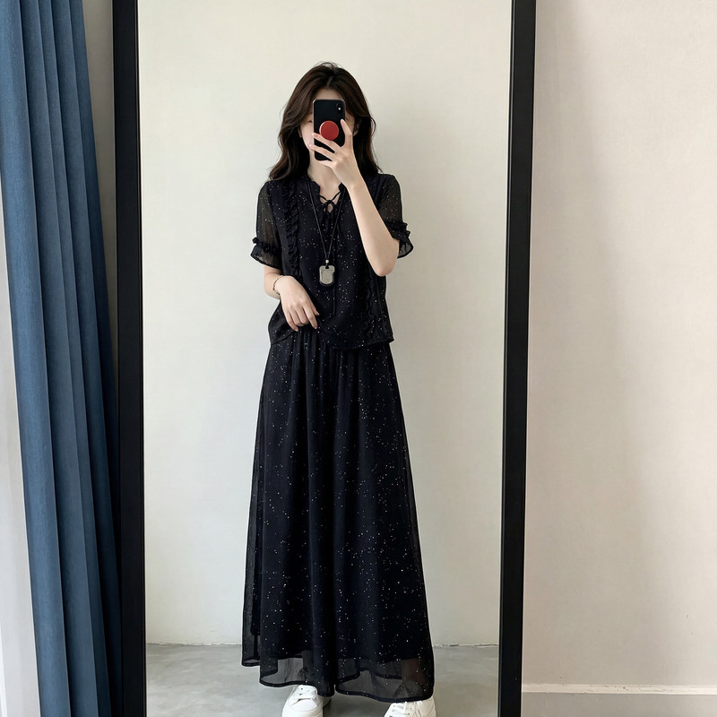 Black Dress with Starry Sequin Design for Women, 2026 Summer Loose Plus-Size Stylish Casual Long Dress for Plus-Size Women