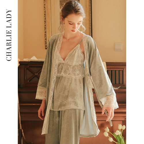 Бархатная пижама, комплект, сексуальный банный халат, ретро демисезонные штаны, 3 предмета, эффект подтяжки