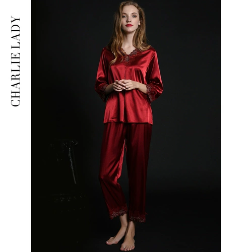 Демисезонная шелковая пижама, тонкий красный кружевной комплект, оберег на день рождения, большой размер