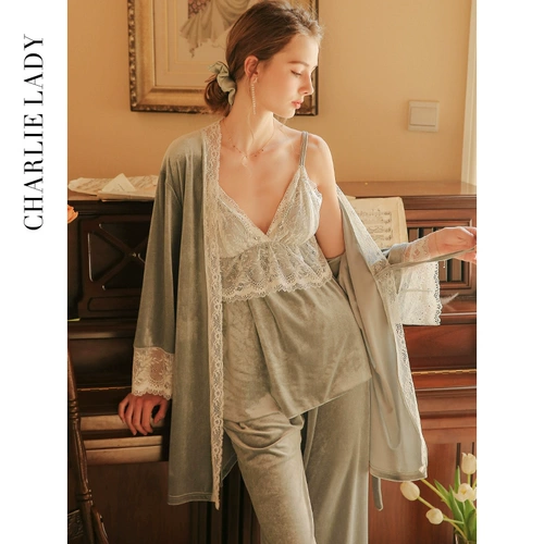 Бархатная пижама, комплект, сексуальный банный халат, ретро демисезонные штаны, 3 предмета, эффект подтяжки