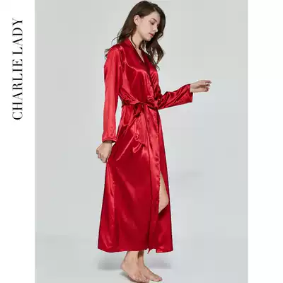 Spring and autumn morning gown female bride extended wedding bathrobe ice silk can be customized big red wedding gown pajamas