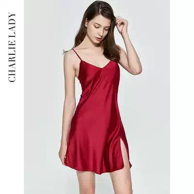 Spring and autumn red sexy temptation night fire suspenders summer short skirt ice silk backless wedding pajamas