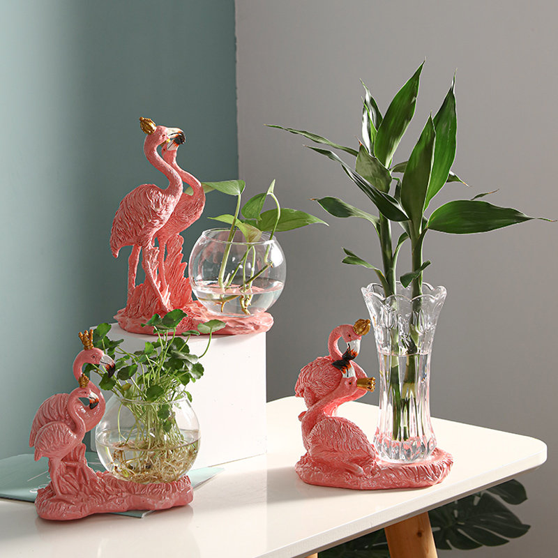 Creative flamingo ornaments hydroponic vase desktop lucky bamboo vase transparent glass bottle green plant hydroponic copper money grass