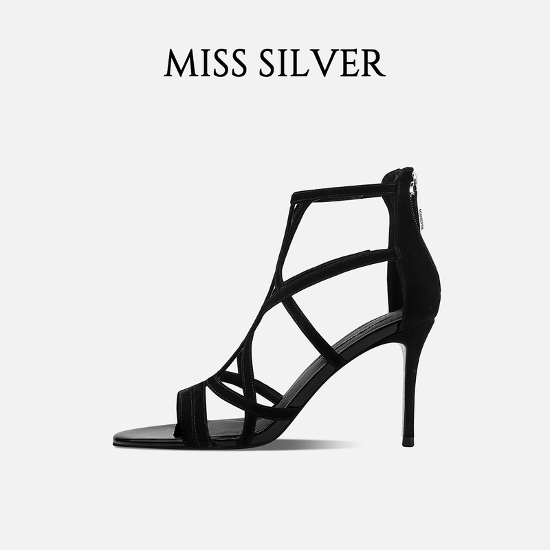 Misssilver Black Stiletto Fashion Open-Toe Sandals for Women 2025 Summer New Elegant Party High Heels