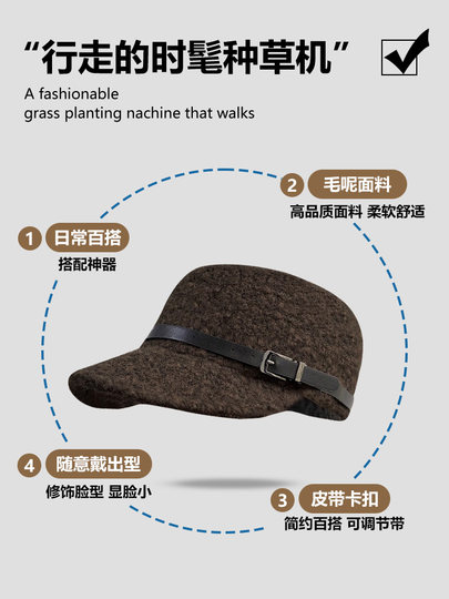 2025 New Lamb Wool Beret for Women, Autumn and Winter Flat-Top Cap, Face-Slimming Newsboy Cap, High-End Equestrian Hat
