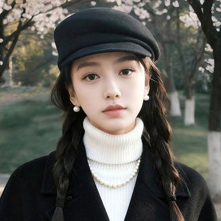 Qianjinfeng Wool Beret for Women 2025 New Winter Black Fedora French Retro Face-Slimming Newsboy Cap