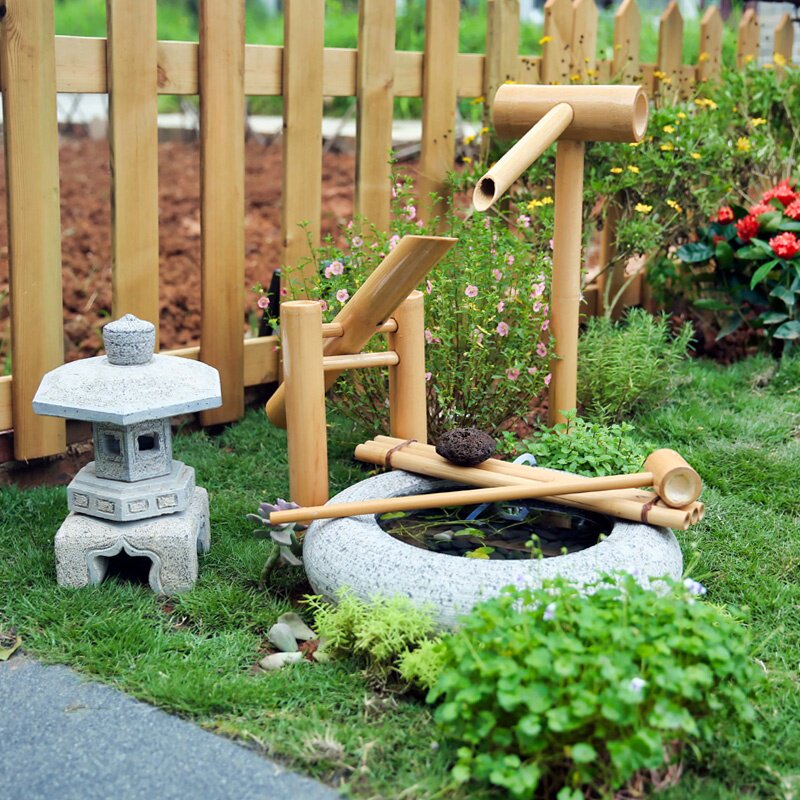 Japanese stone bowl garden Zen flowing water landscape villa garden frightened deer stone basin outdoor stone tank flowing water stone bowl