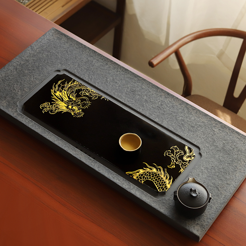 Natural whole black gold stone tea tray Large household simple Kung Fu tea stone drainage tea table tea sea tea tray