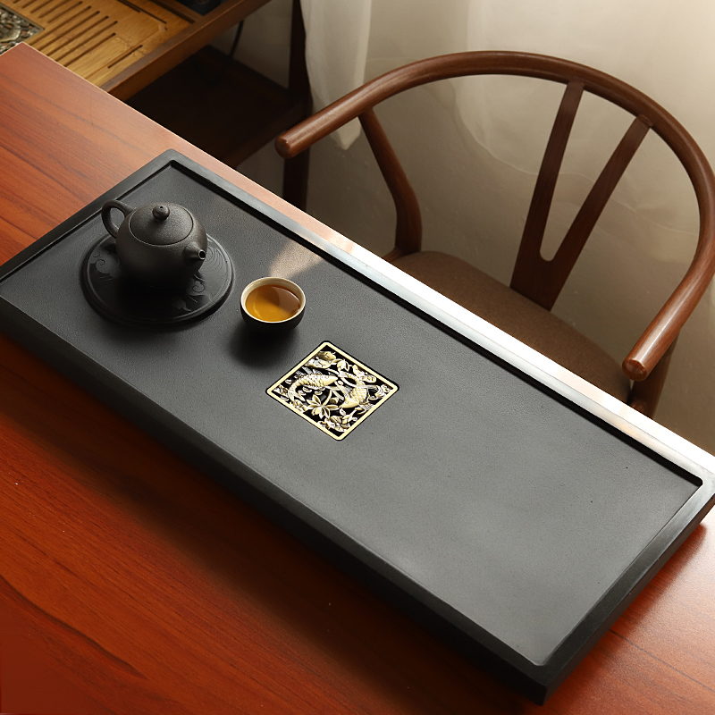 Natural black gold stone tea tray Household Kung Fu tea set Simple stone large tea table drainage Chinese tea sea tray