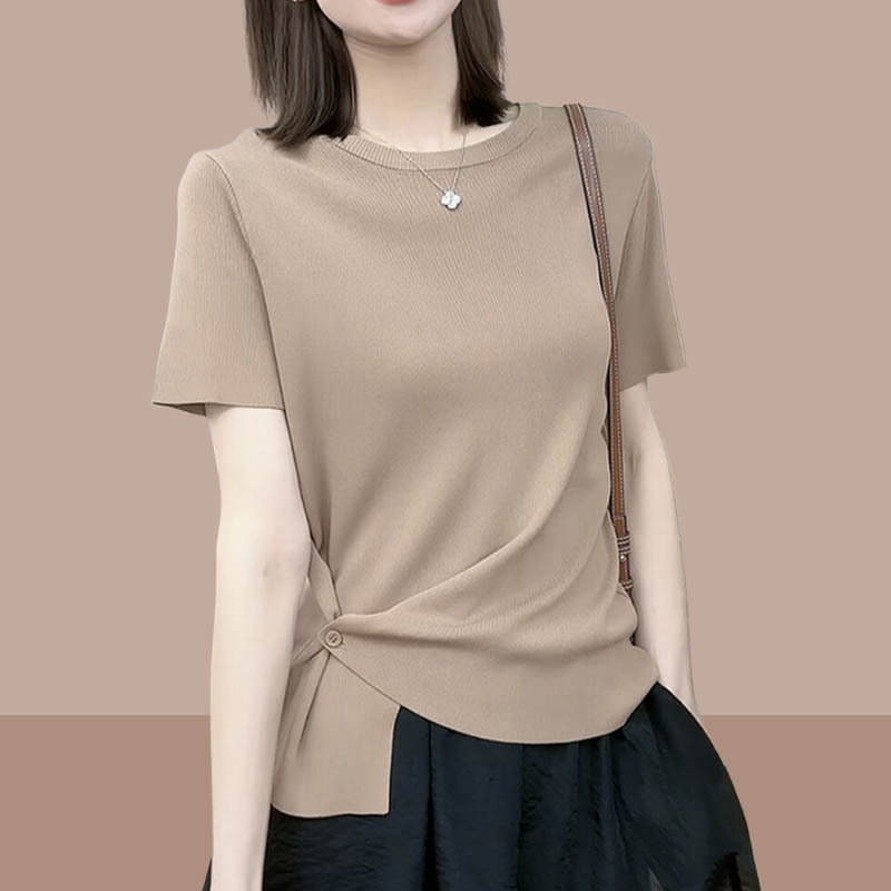 High-End European Ice Silk Knitwear, Regular Shoulder Short-Sleeve T-Shirt for Women, Summer Irregular European Style Top, Fashionable Blouse High-End European Ice Silk Knitwear, Regular Shoulder Short-Sleeve T-Shirt for Women, Summer Irregular European Style Top, Fashionable Blouse