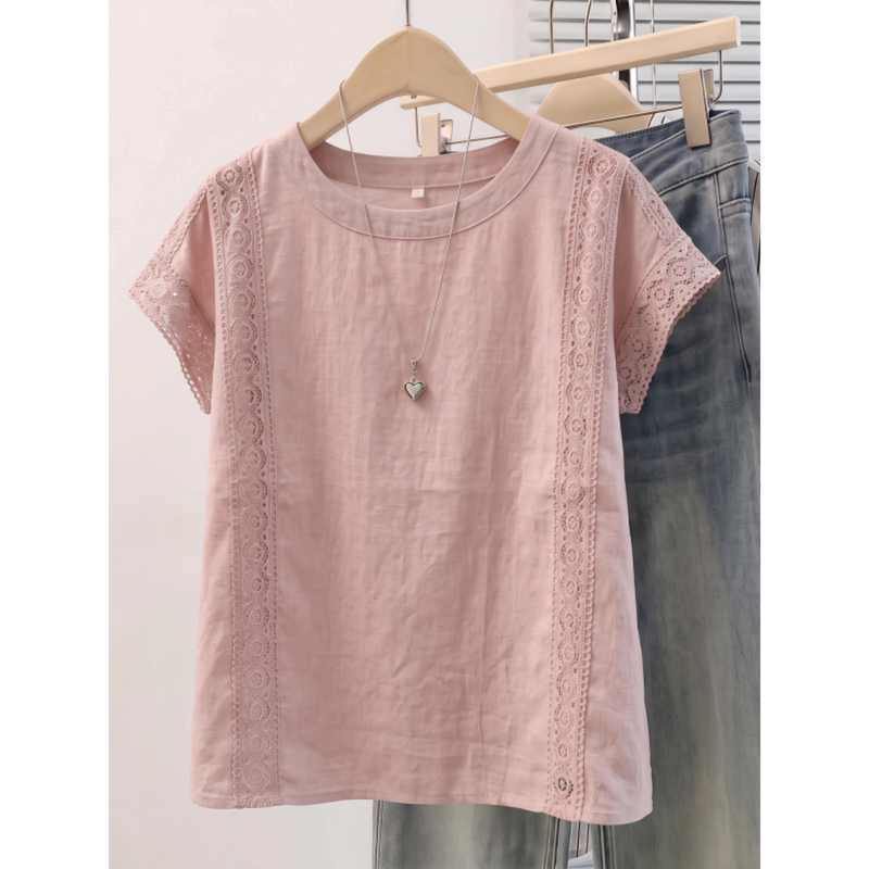 High-End Pink Lace Hollow-Out Short-Sleeve Shirt for Women, Summer Plus Size, Slimming, Unique, Age-Reducing, Regular Shoulder Top High-End Pink Lace Hollow-Out Short-Sleeve Shirt for Women, Summer Plus Size, Slimming, Unique, Age-Reducing, Regular Shoulder Top
