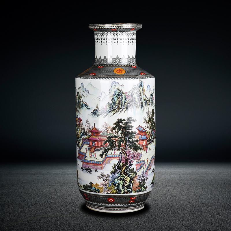 Jingdezhen ceramic floor large vases, flower arranging Chinese landscape painting home sitting room porch high place adornment